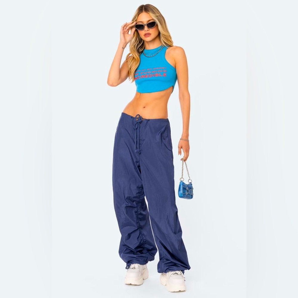 Edikted low‎ rise wide leg rave festival parachute pants in navy size XS/S